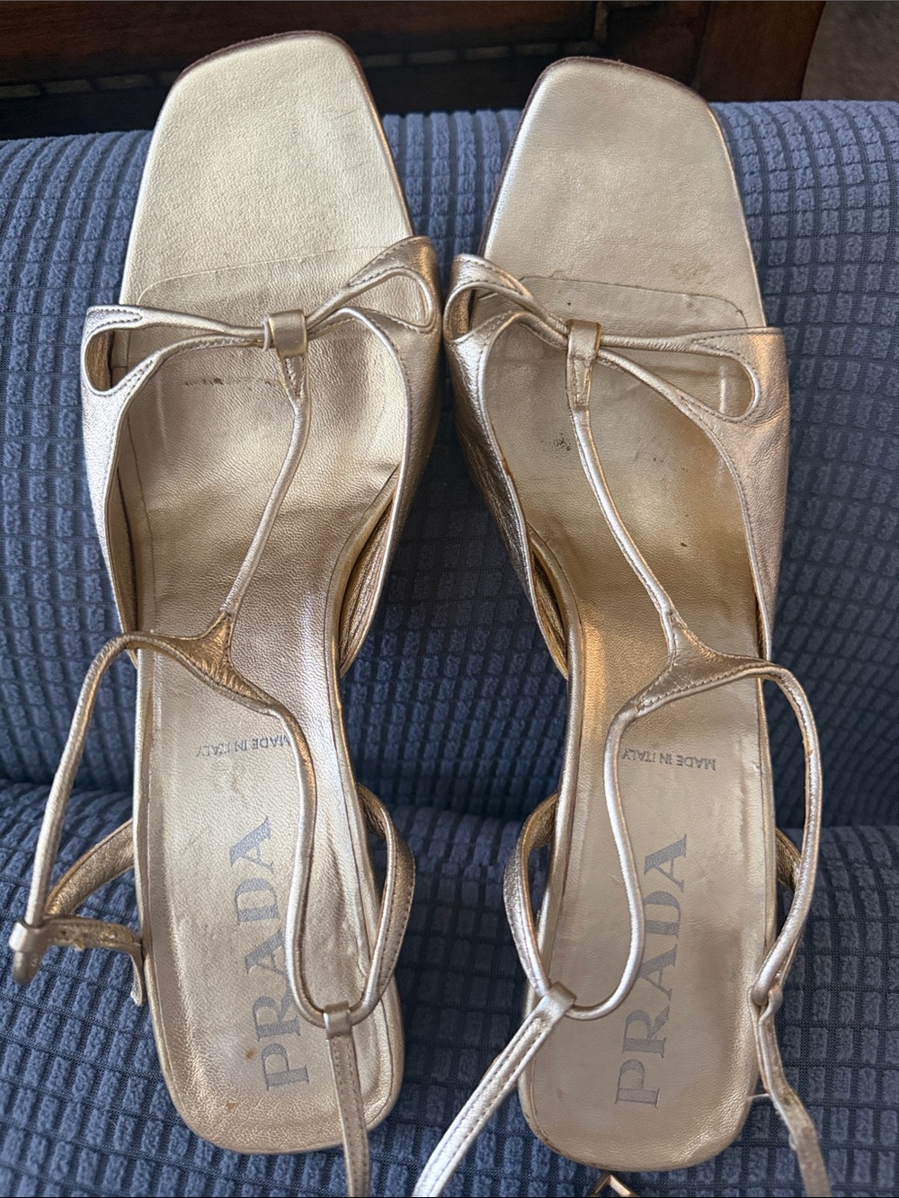 Prada Metallic Gold Strappy Slingback Heels - Picture 15 of 16